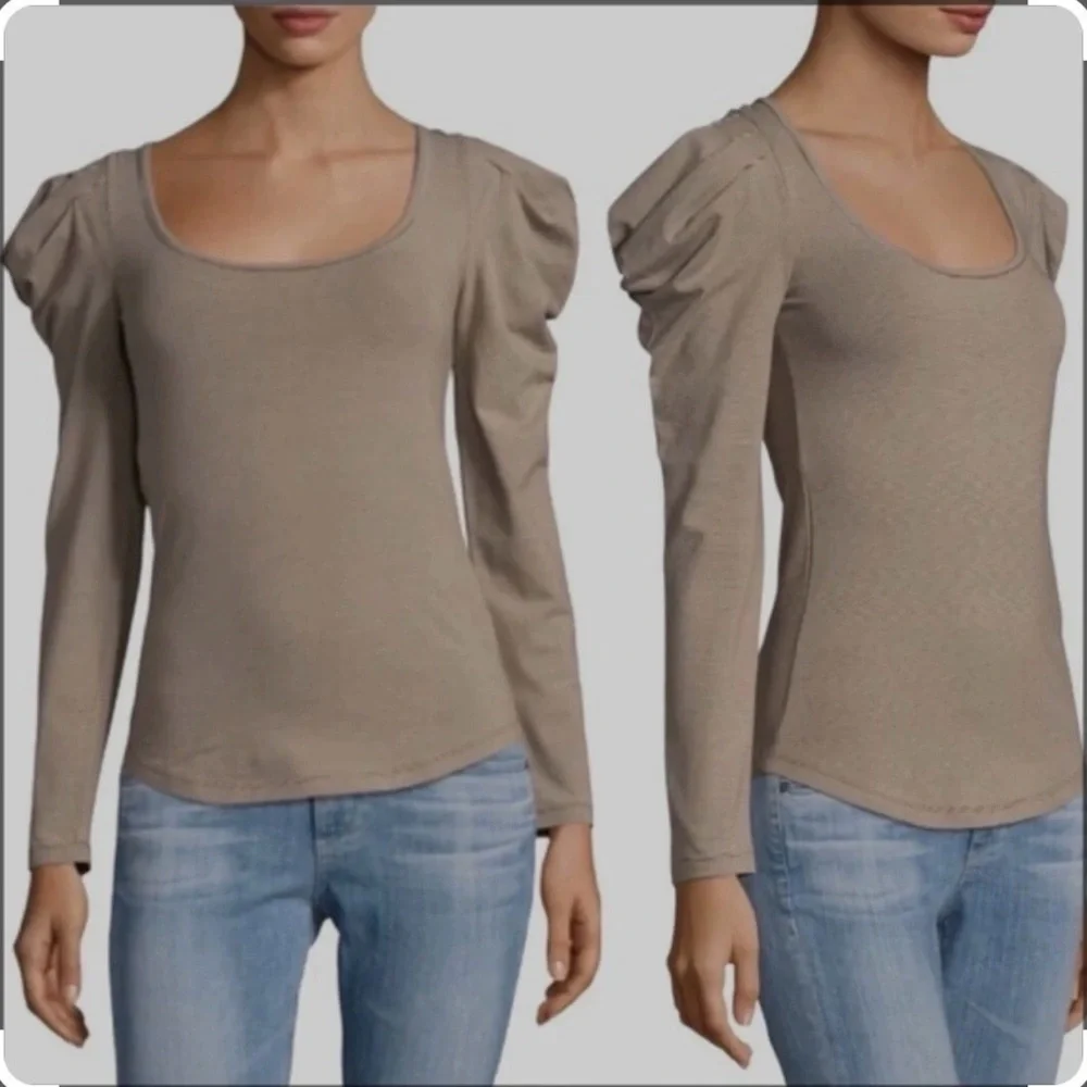 Free People Penelope Puff Sleeve Brown Cream Striped L/S Top Women’s Sz. S